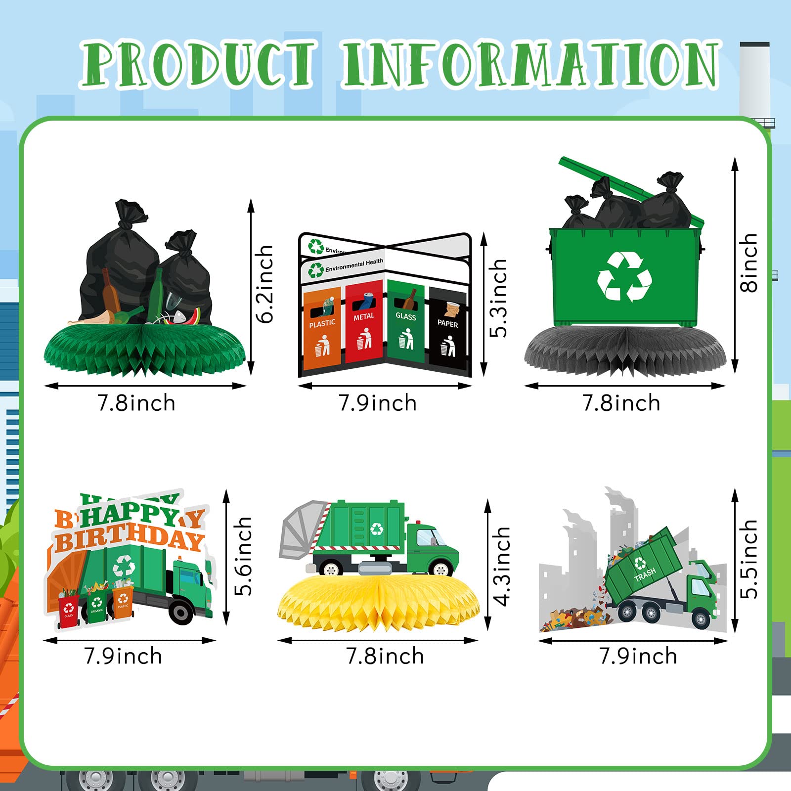 9 Pcs Garbage Truck Birthday Party Supplies Garbage Honeycomb Table Centerpiece Garbage Truck Table Toppers Centerpieces Trash Truck Birthday Party Supplies for Birthday Baby Shower Party Decorations