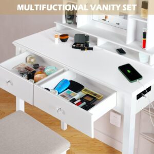 LINLUX Makeup Vanity Desk with Mirror and Lights, White Vanity Table Set with Charging Station, Open Shelves, 3 Color & Adjustable Brightness, Dressing Table with Cushioned Stool for Bedroom