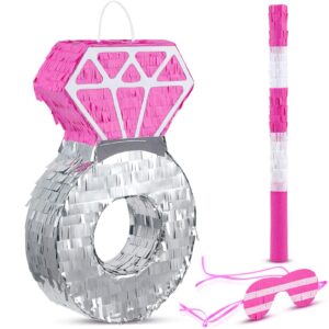 diamond ring piñata for engagement princess piñata bridal bachelorette party supplies wedding theme decoration with blindfold and stick, 15 x 10 x 3 inches(pink)