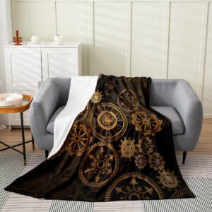 golden industrial gear throw blanket twin 60x80,steampunk style fleece blanket for kids boys men,retro clocks theme flannel blanket home room decor,mechanical fuzzy blanket all season lightweight