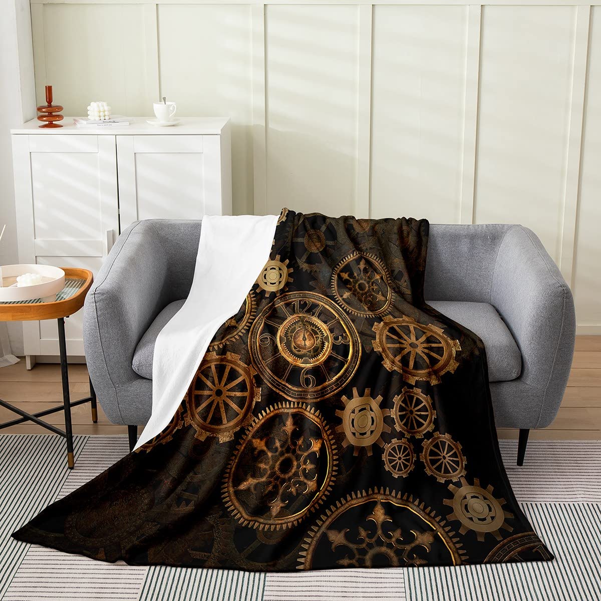 Golden Industrial Gear Throw Blanket Twin 60x80,Steampunk Style Fleece Blanket for Kids Boys Men,Retro Clocks Theme Flannel Blanket Home Room Decor,Mechanical Fuzzy Blanket All Season Lightweight