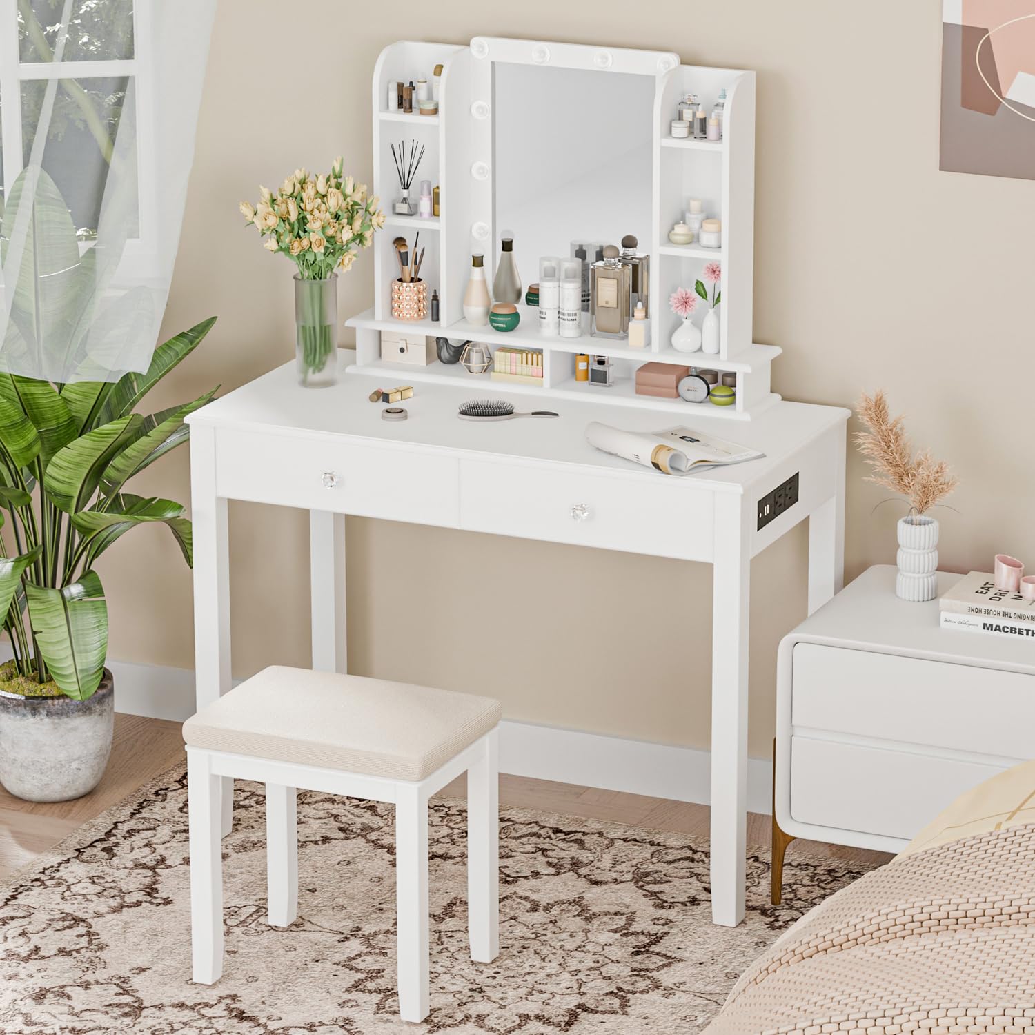 LINLUX Makeup Vanity Desk with Mirror and Lights, White Vanity Table Set with Charging Station, Open Shelves, 3 Color & Adjustable Brightness, Dressing Table with Cushioned Stool for Bedroom