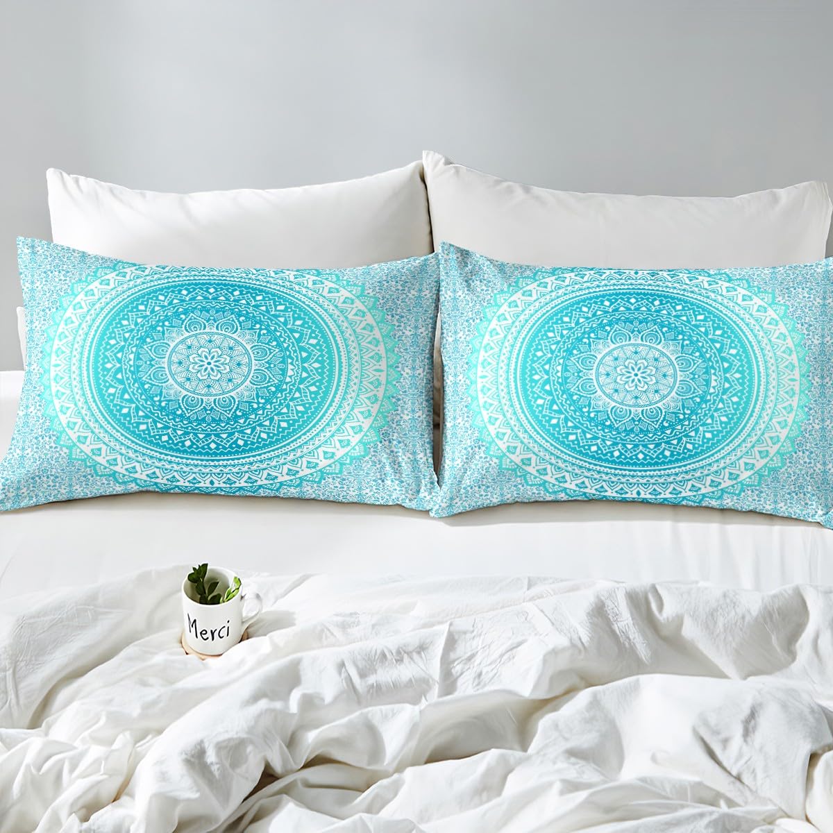 Castle Fairy Hippie Mandala Bedding Set,Teal Trippy Duvet Cover for Kids Teen Boys Girls,Bohemian Art Comforter Cover Decorative Room,Chic Exotic Quilt Cover with 2 Pillowcases,King Size