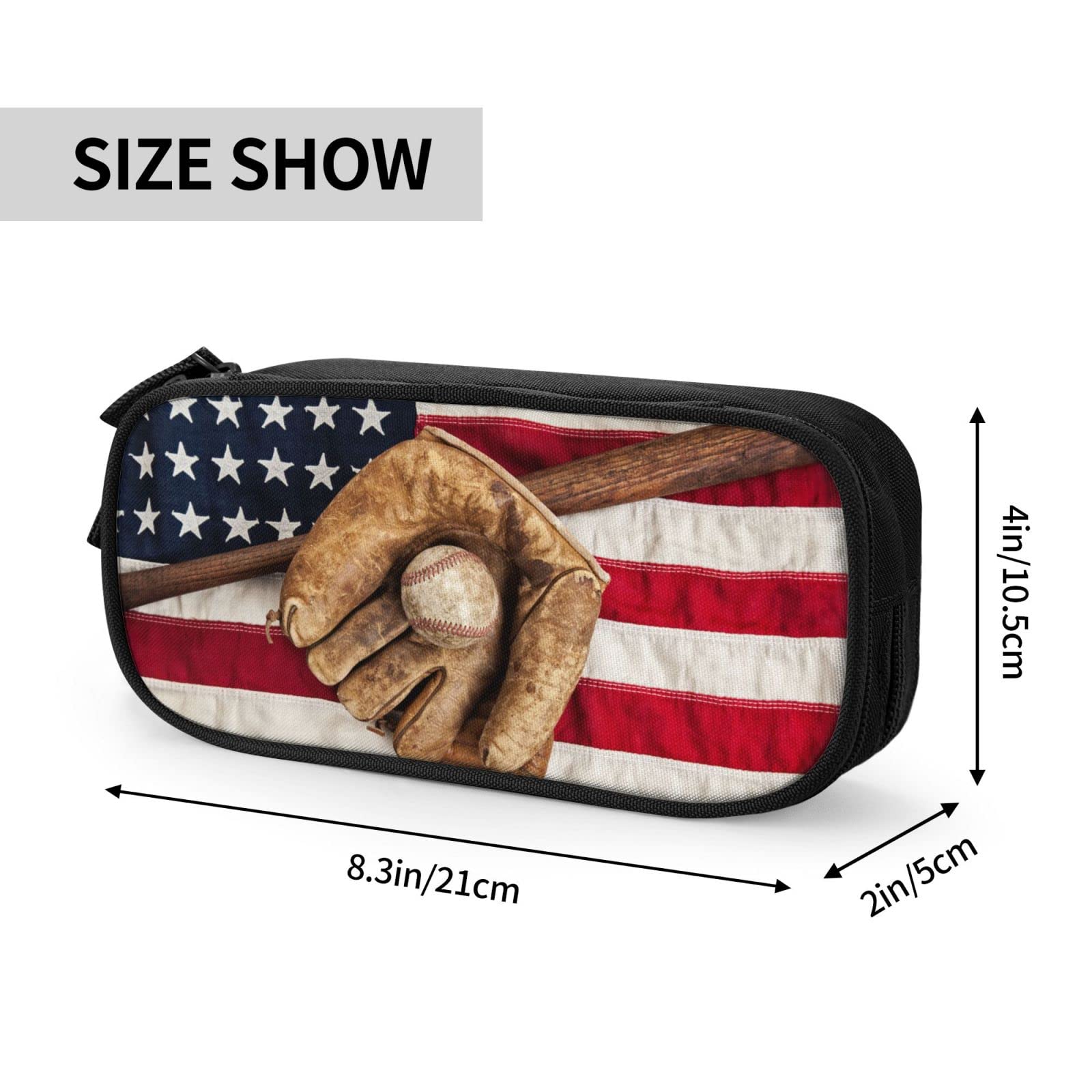 Gesey-R4T Baseball American Flag Pattern Pen Pencil Case Bag Big Capacity Multifunction Storage Pouch Organizer with Zipper Office University for Girls Boy, Black One Size