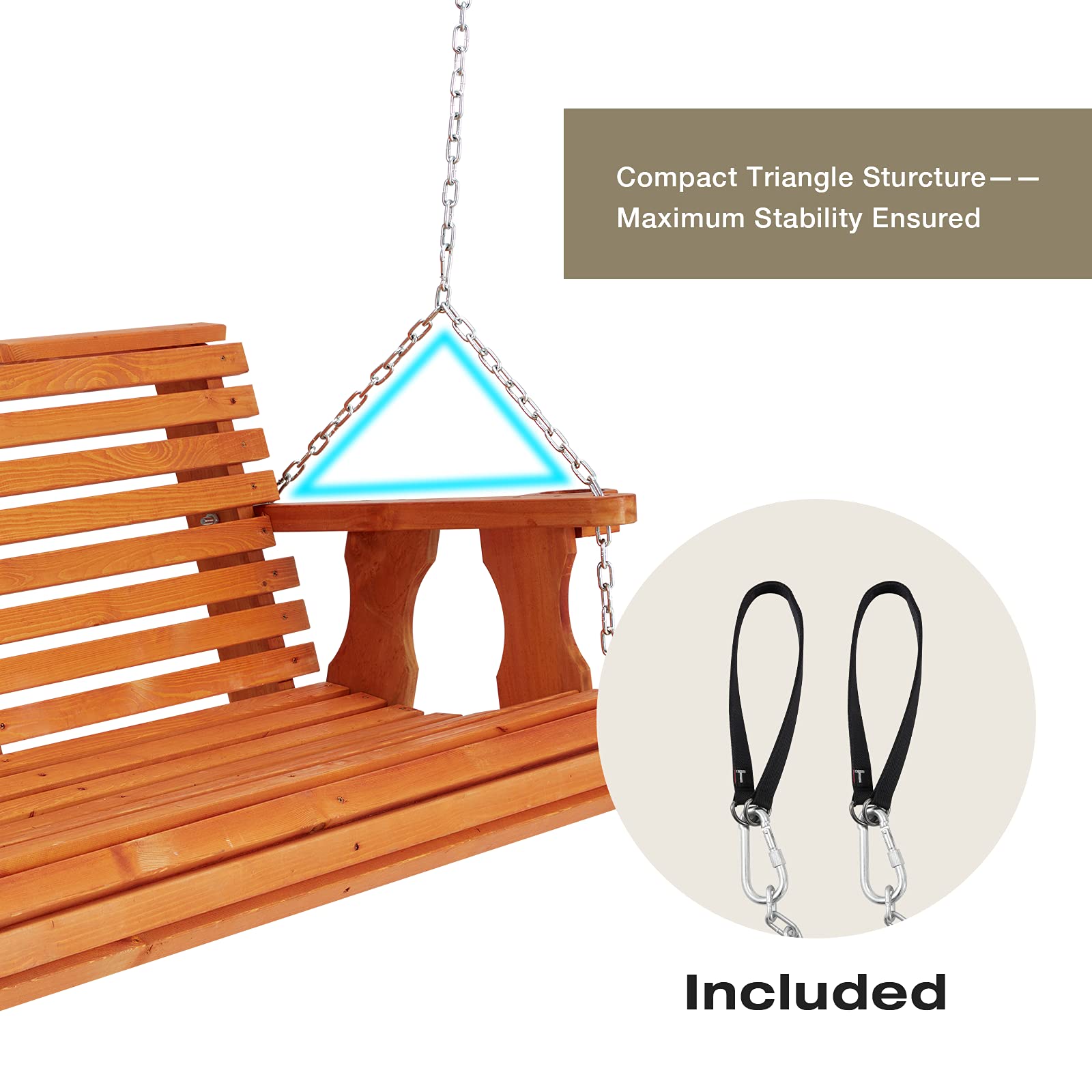 U-MAX Upgraded 2-3 Person Wooden Porch Swing, Outdoor Wooden Swing with Hanging Chains, Heavy Duty 800 LBS Capacity Porch Swing Chair Bench with Cupholders for Patio, Backyard, Garden (Natural, 6.5FT)