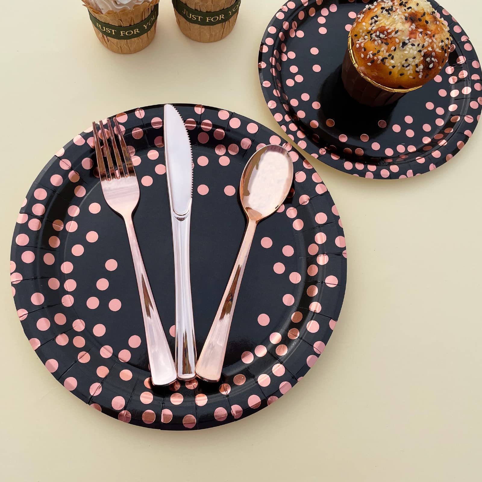 Black and Gold Party Supplies, Black and Rose Gold Birthday Plates, Serves 16, Including Rose Gold Plates, Napkins, Cups, Sturdy Silverware for Bridal Shower, Birthday Party Decorations - 112PCS