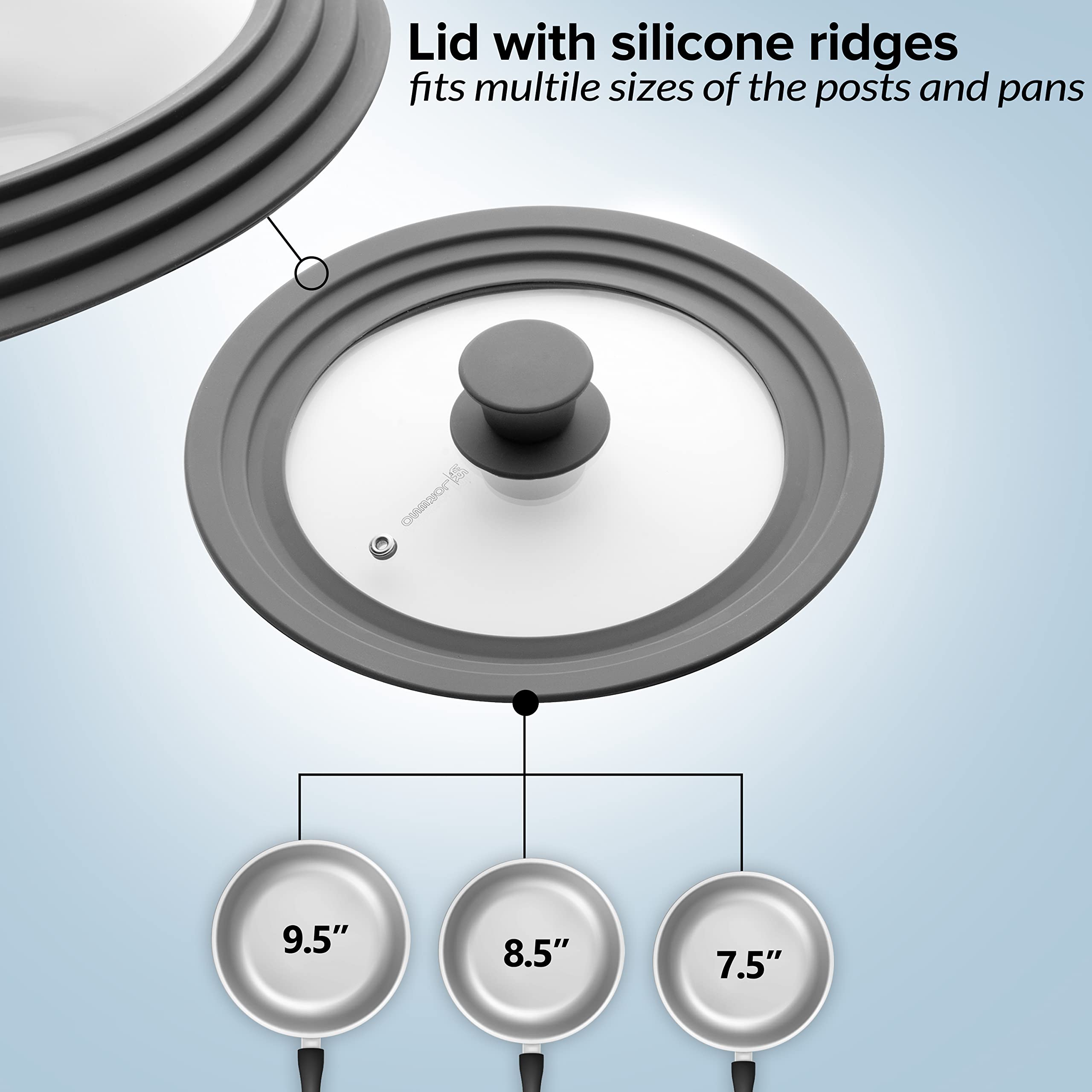 Loreso Silicone Glass Lid Grey - Universal Silicone Glass Lid for Pots Pans & Skillet 7, 7.5, 8, 8.5, 9 & 9.5" Inches, Tempered Glass Lid with Steam Vents & Cool-Touch Handle (Small - Grey)