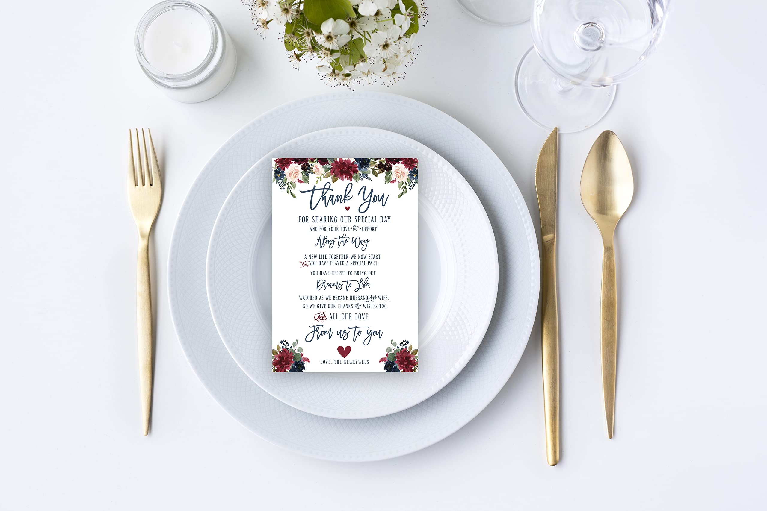 Your Main Event Prints 50 Navy Burgundy Wedding Thank You Place Setting Cards, Great For Adding to Your Table Centerpieces and Wedding Decorations for Receptions, Pack of 50 Cards