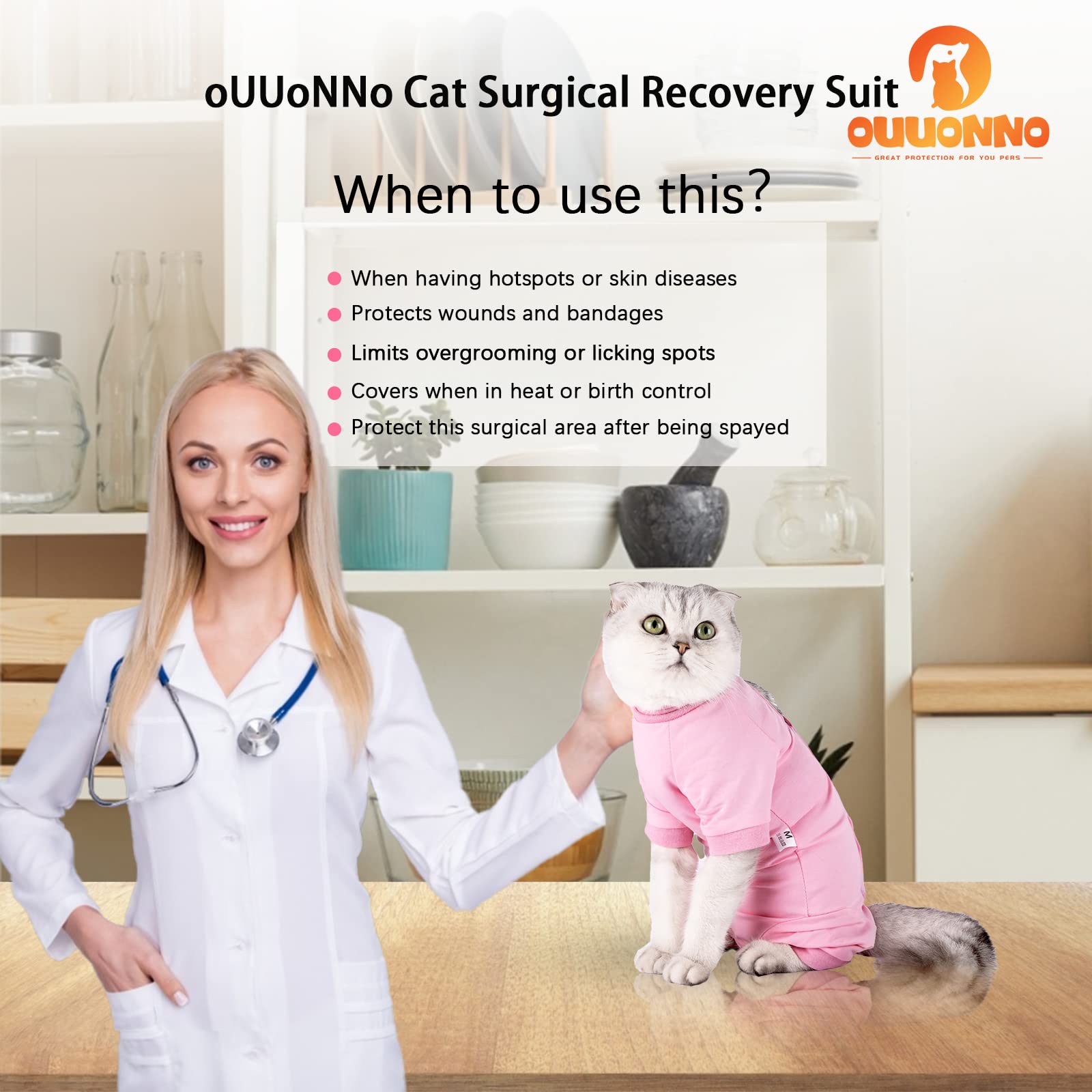 oUUoNNo Cat Recovery Suit for Abdominal Wounds or Skin Diseases,E-Collar Alternative for Cats,After Surgery Wear,Pajama Suit Long Sleeve Prevent Shedding (X-Small, Pink)