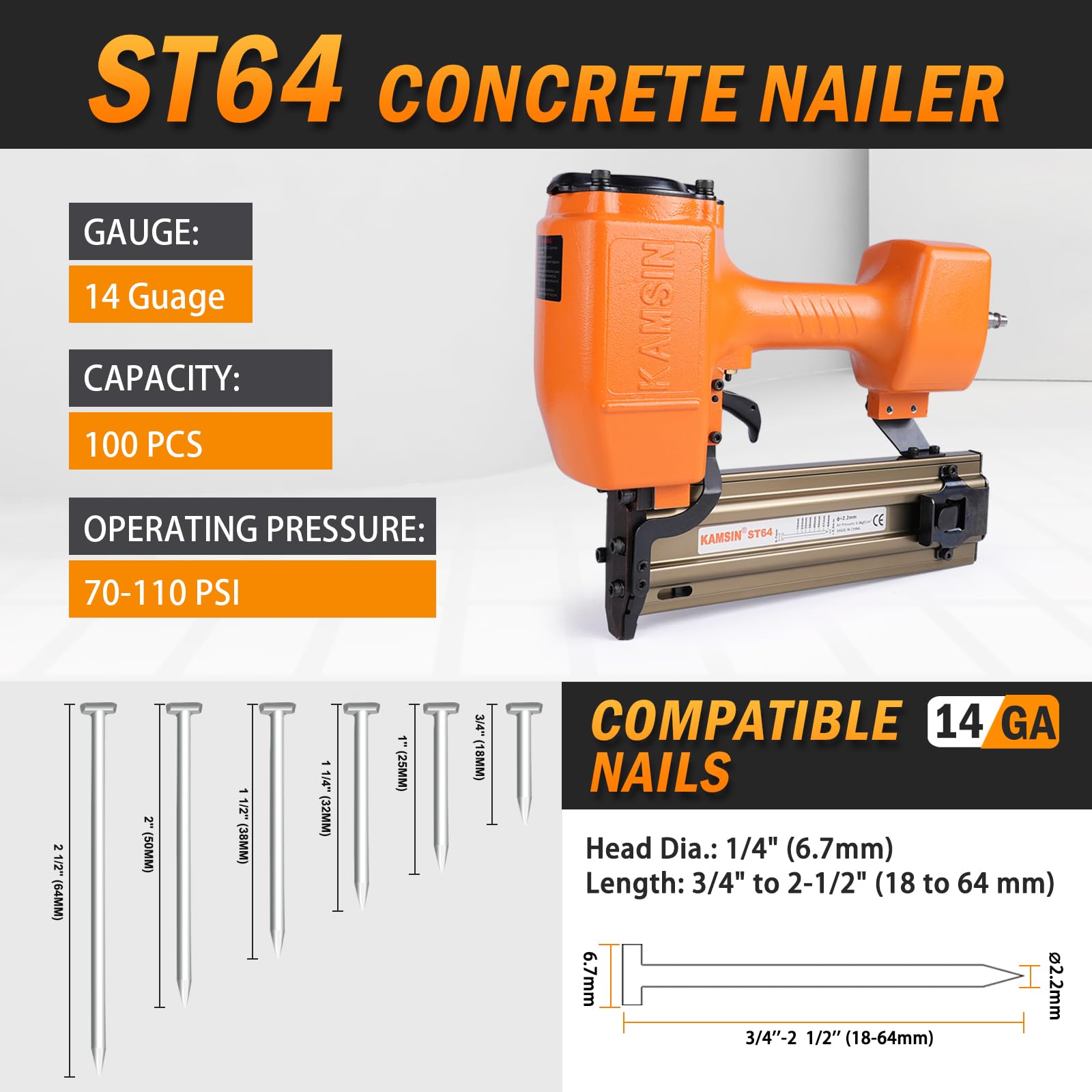 Kamsin ST64 14 Gauge Heavy Duty Pneumatic Concrete T Nailer, Fits 3/4 Inch to 2-1/2 Inch T Nails, Air Power Concrete T Nail Gun/Brad Nailer for Truss Building, Concrete Brick Nailing and Hardwood