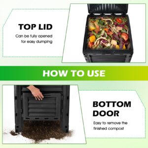 Happygrill Outdoor Compost Bin, Composting Box w/Top Flip Latch-on Lid,80 Gallons Composter for Kitchen Waste & Garden Scraps, Compost Barrel for Fast Creation of Fertile Soil (Black+Green)