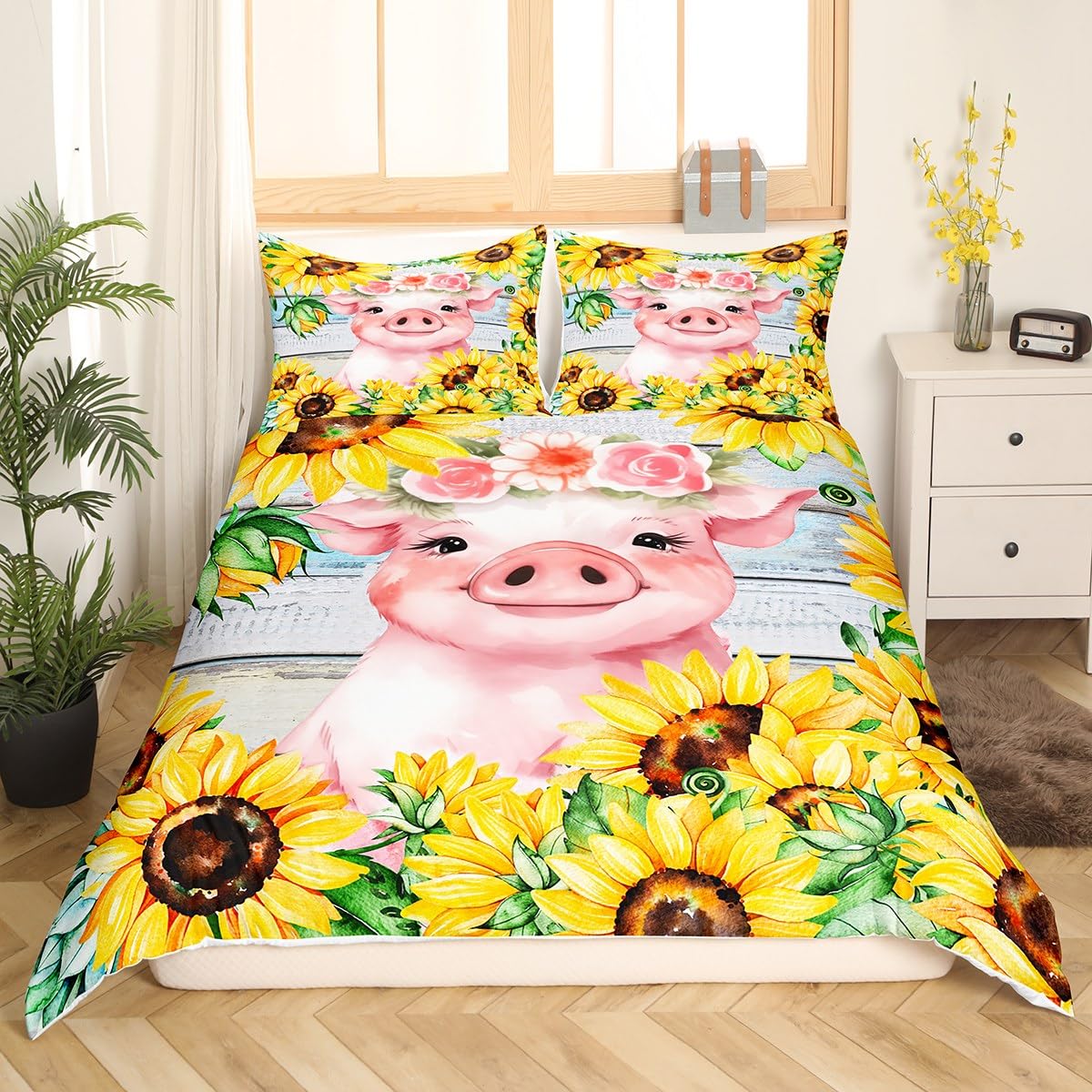 Sunflowers Bedding Set Twin Size for Kids Boys Bedroom,Cute Pig Bed Duvet Cover Set,Farmhouse Theme Comforter Cover Pink Animals Decor 2 Pieces 1 Duvet Cover with 1 Pillowcase No Comforter