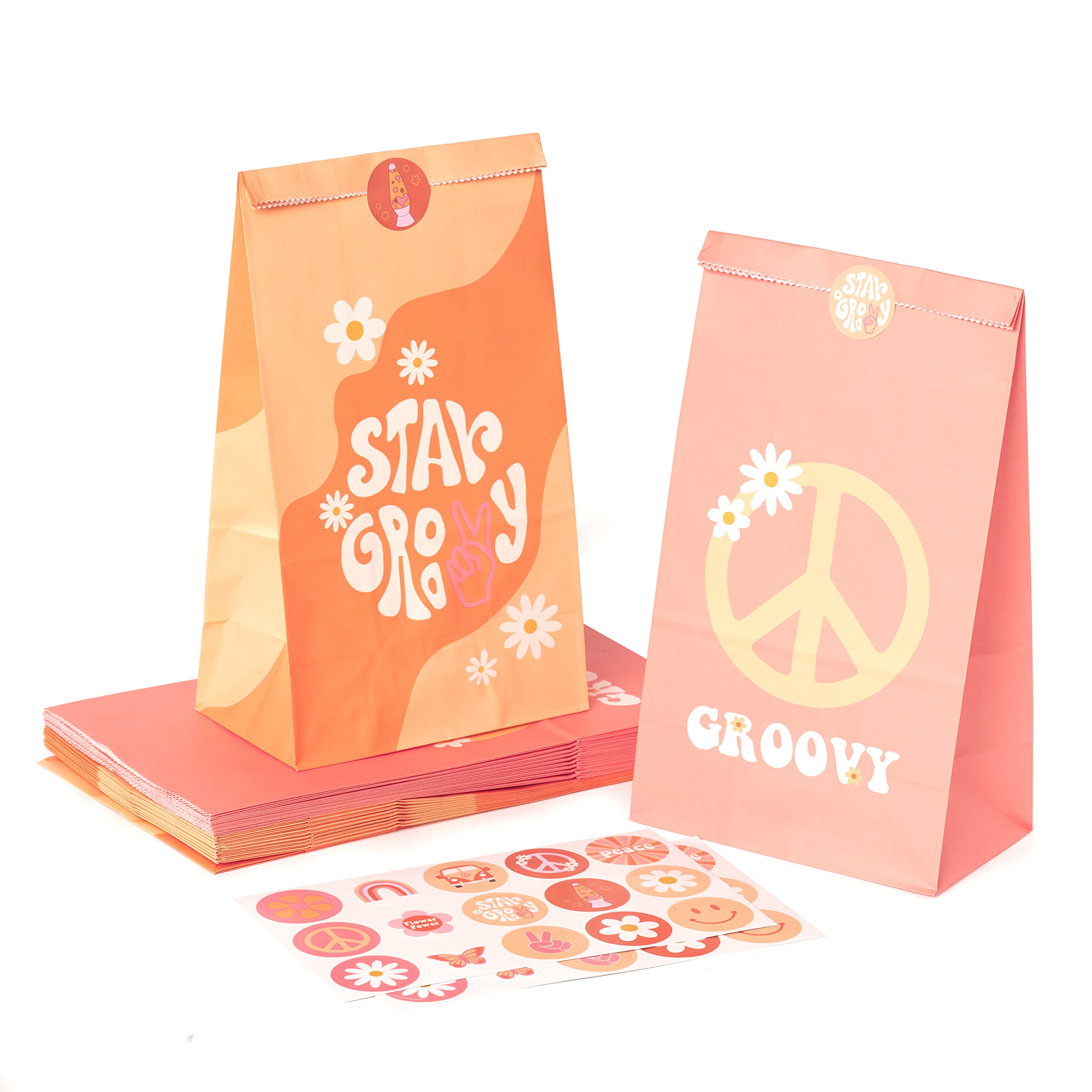 A1diee 24Pcs Groovy Retro Hippie Boho Party Favors Bags with Stickers Star Groovy Snacks Candy Party Favors Supplies Paper Bags Rainbow Pink Orange Gift Bags for Girls Birthday Baby Shower Wedding