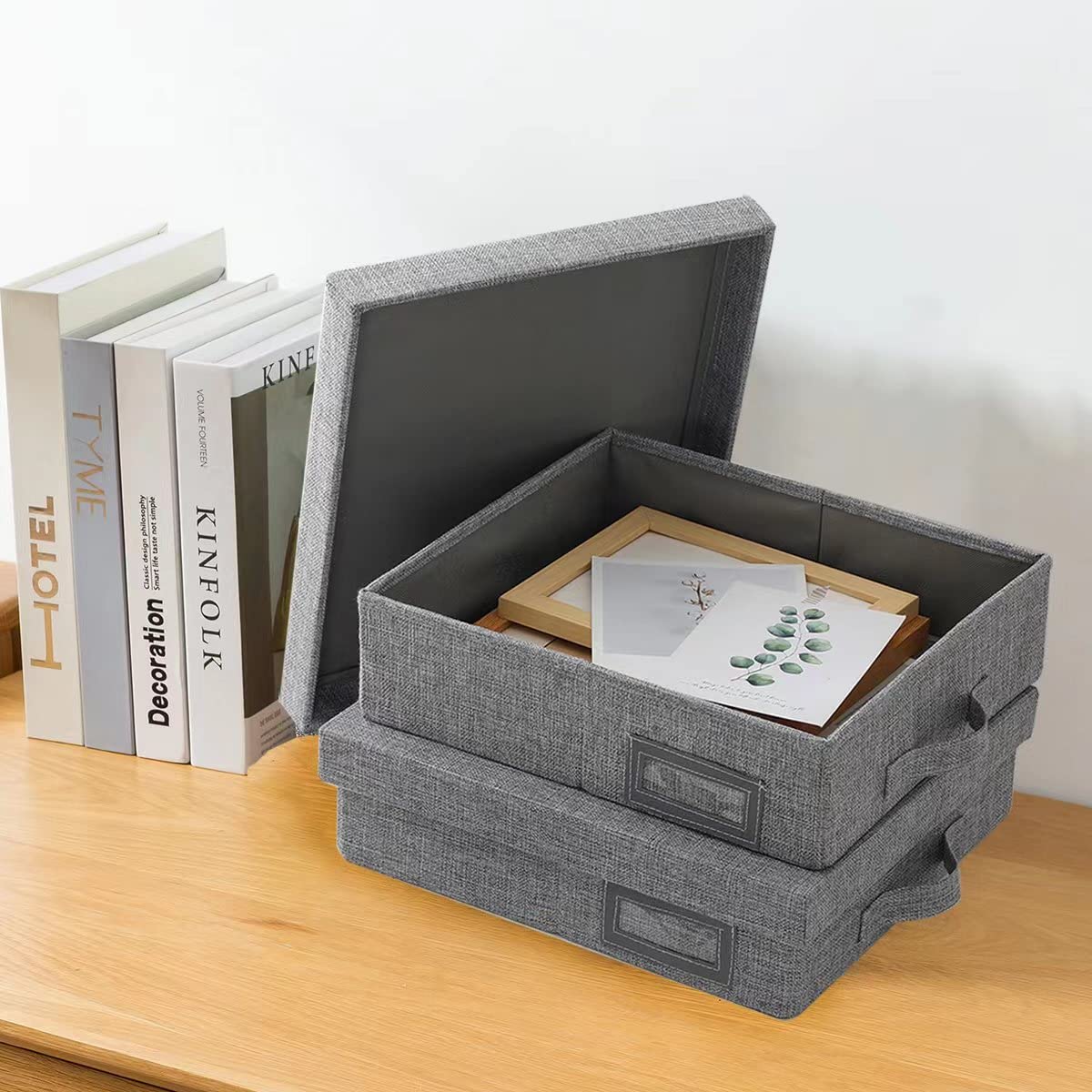 Juephe Linen Scrapbook Storage Box Photo Storage Box,Document Letter Box, Photo Boxes Cases, Organizer Box Storage Containers 15 '' x 13 '' x 4 ''，Gray (2)