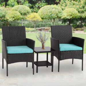 FDW 3 Piece Outdoor Furniture Set Patio Wicker Chairs Furniture Bistro Conversation Set 2 Rattan Chairs with Blue Cushions and Glass Coffee Table for Porch Lawn Garden Balcony Backyard