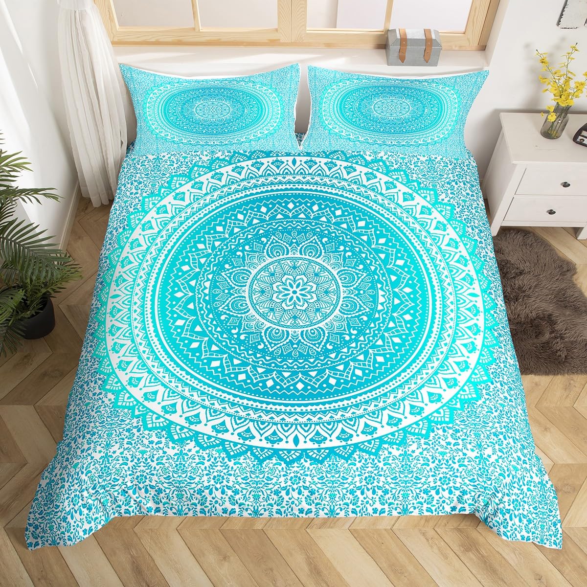 Castle Fairy Hippie Mandala Duvet Cover for Boys,Girls Teal Gradient Comforter Cover Full Size,Indian Hippie Bedding Set Kids Teen Room Decor Bed Cover,Chic Exotic Bedclothes with Zipper