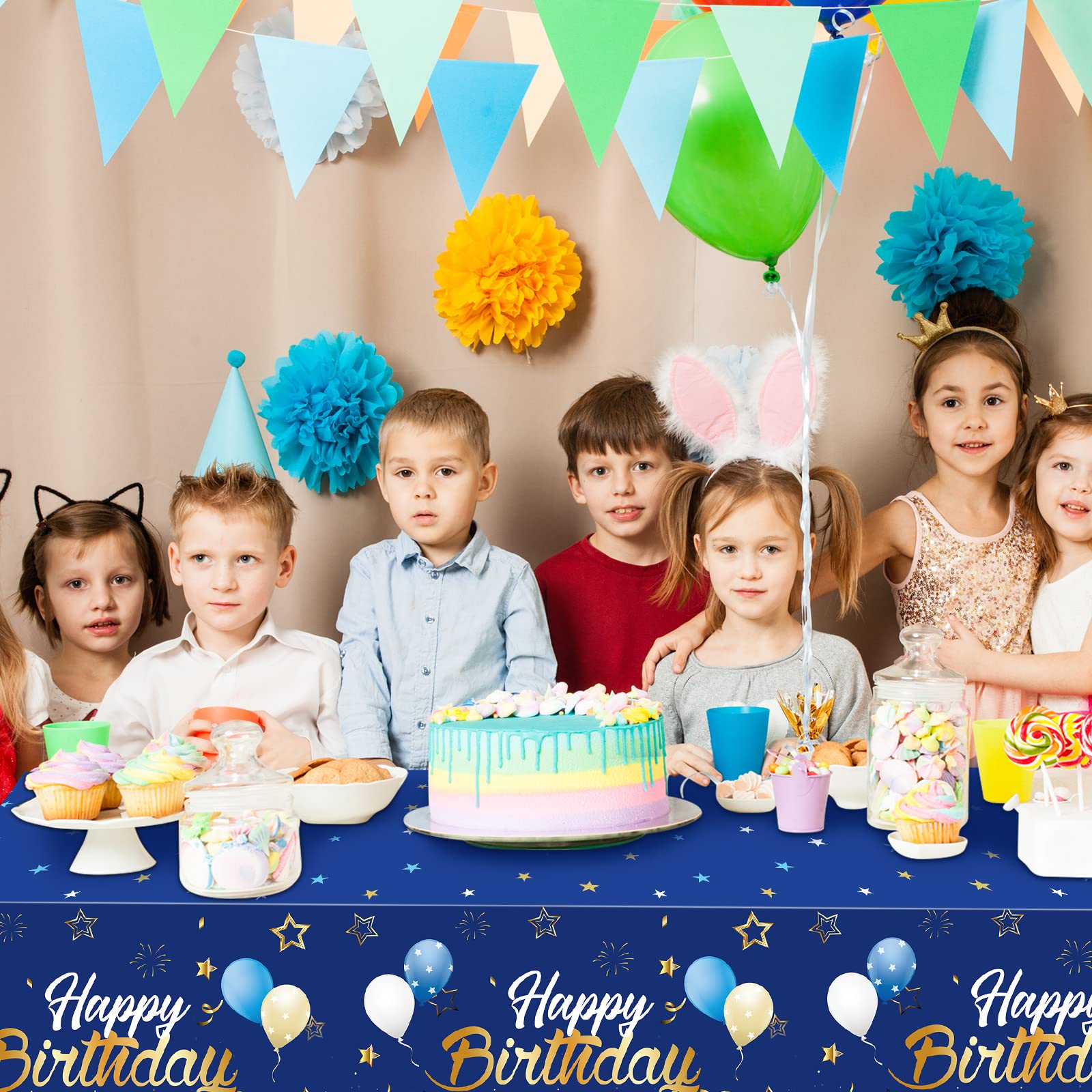 Tegeme Navy Blue Party Supplies Blue Stars Happy Birthday Tablecloths Blue Starry Confetti Table Covers for Kids Boys Girls Baby Shower Birthday Party Decorations (Navy Blue and Gold, 1 Pack)