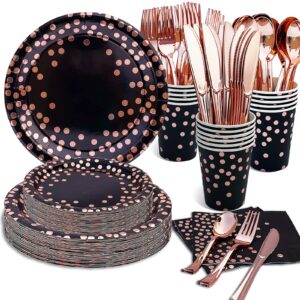 black and gold party supplies, black and rose gold birthday plates, serves 16, including rose gold plates, napkins, cups, sturdy silverware for bridal shower, birthday party decorations - 112pcs