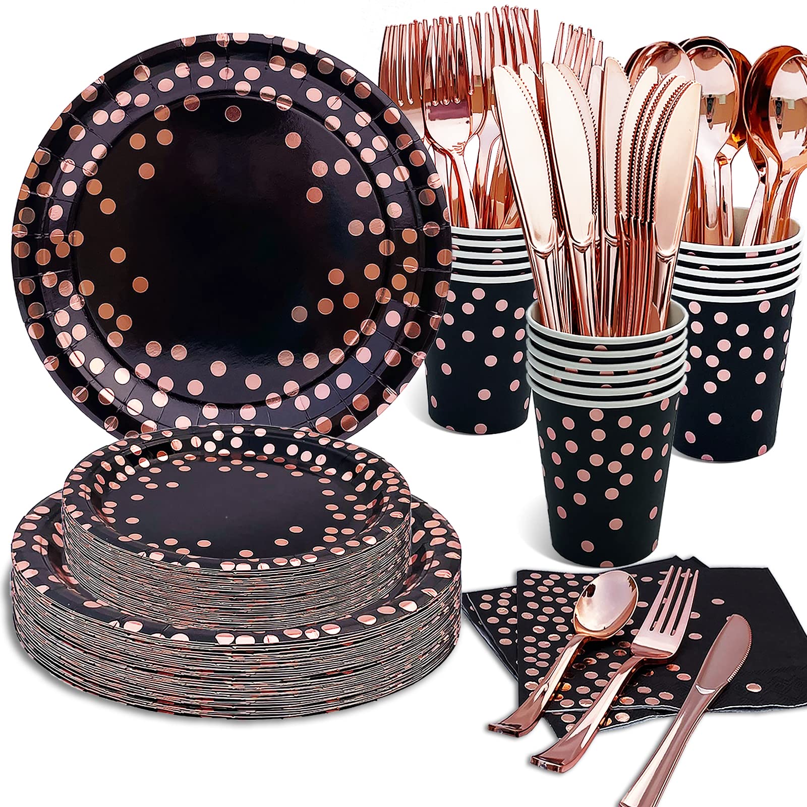 Black and Gold Party Supplies, Black and Rose Gold Birthday Plates, Serves 16, Including Rose Gold Plates, Napkins, Cups, Sturdy Silverware for Bridal Shower, Birthday Party Decorations - 112PCS