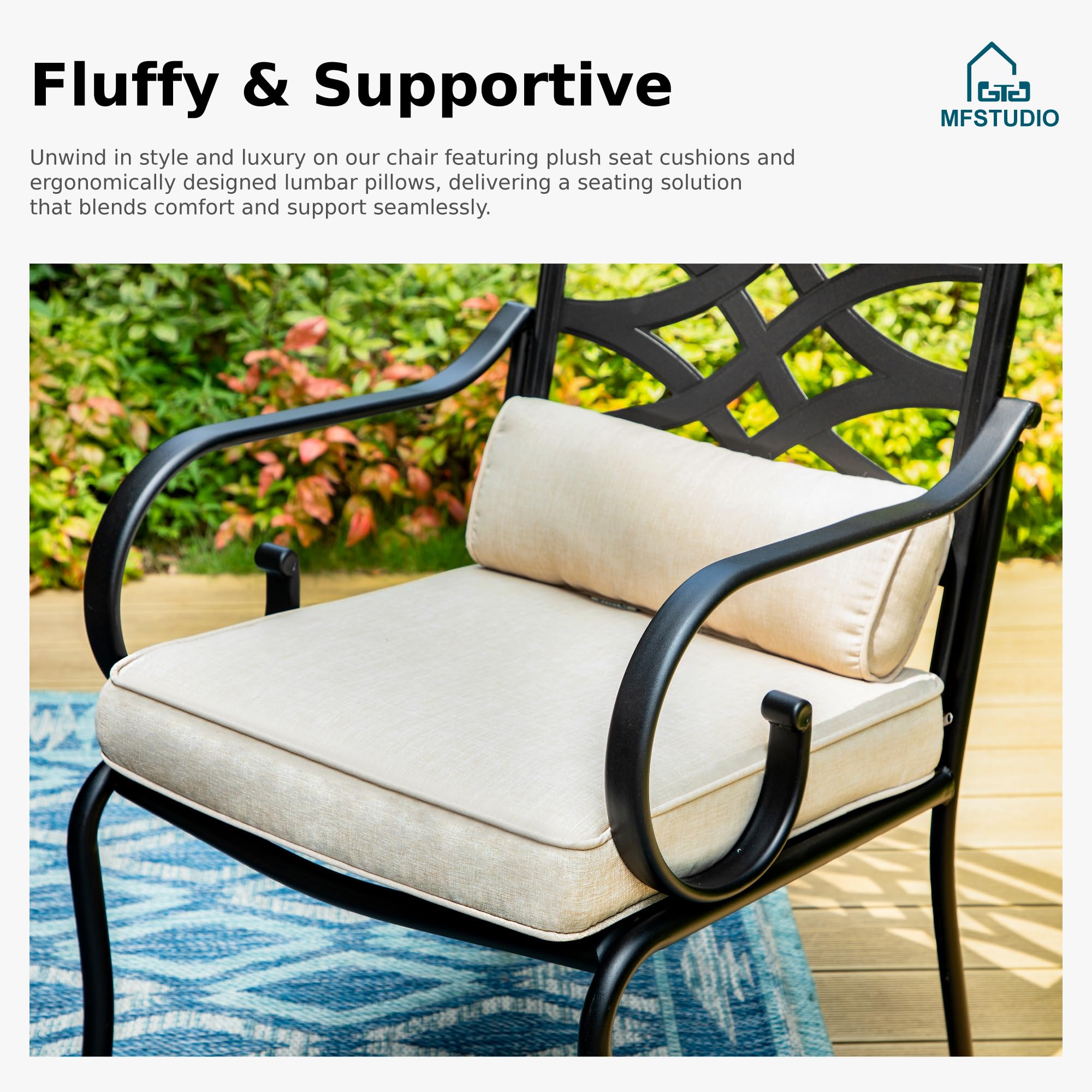 MFSTUDIO 4 Piece Black Patio Dining Chairs with Beige Thick Cushions,Outdoor Furniture Metal Chairs with Armest for Garden, Poolside, Backyard, Bistro