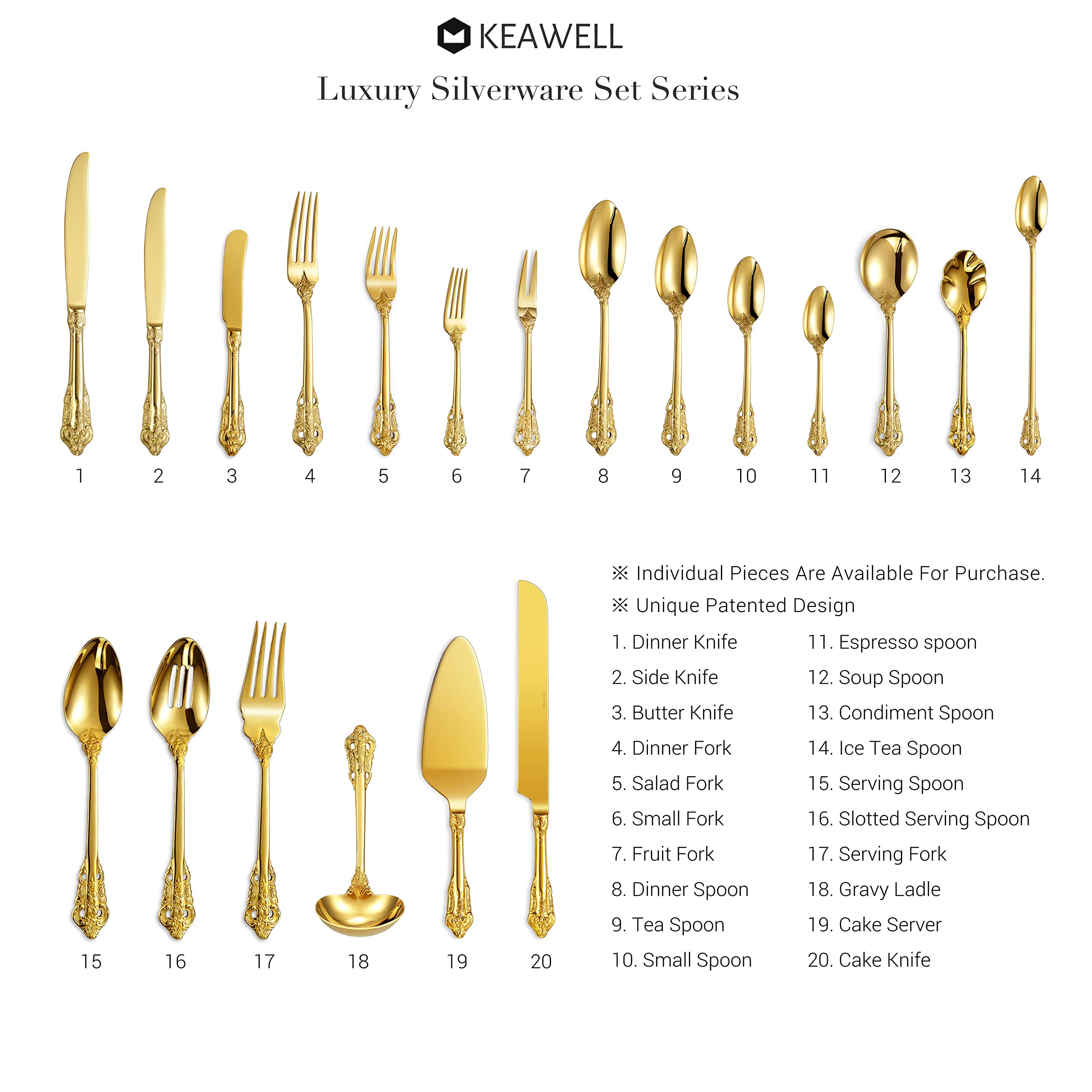 KEAWELL Luxury 6.3" Teaspoons, 18/10 Stainless Steel, Gorgeous Small Spoons, Stirring, Mixing, Sugar, Cake, Dessert Spoons, Mini Antipasto spoons (Gold)