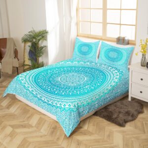 Castle Fairy Hippie Mandala Bedding Set,Teal Trippy Duvet Cover for Kids Teen Boys Girls,Bohemian Art Comforter Cover Decorative Room,Chic Exotic Quilt Cover with 2 Pillowcases,King Size