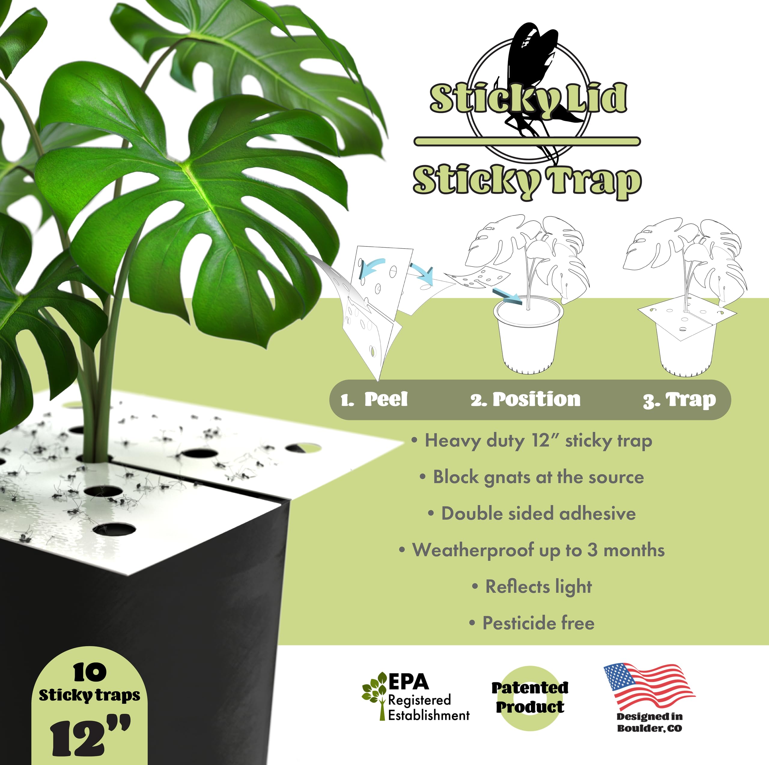 Sticky Lid 12" Sticky Trap - Fungus Gnats - Covers Entire Pot - 4X Larger & More Rigid - Weatherproof - Reflects Light - Non Toxic - EPA Registered Establishment - 10 Pack