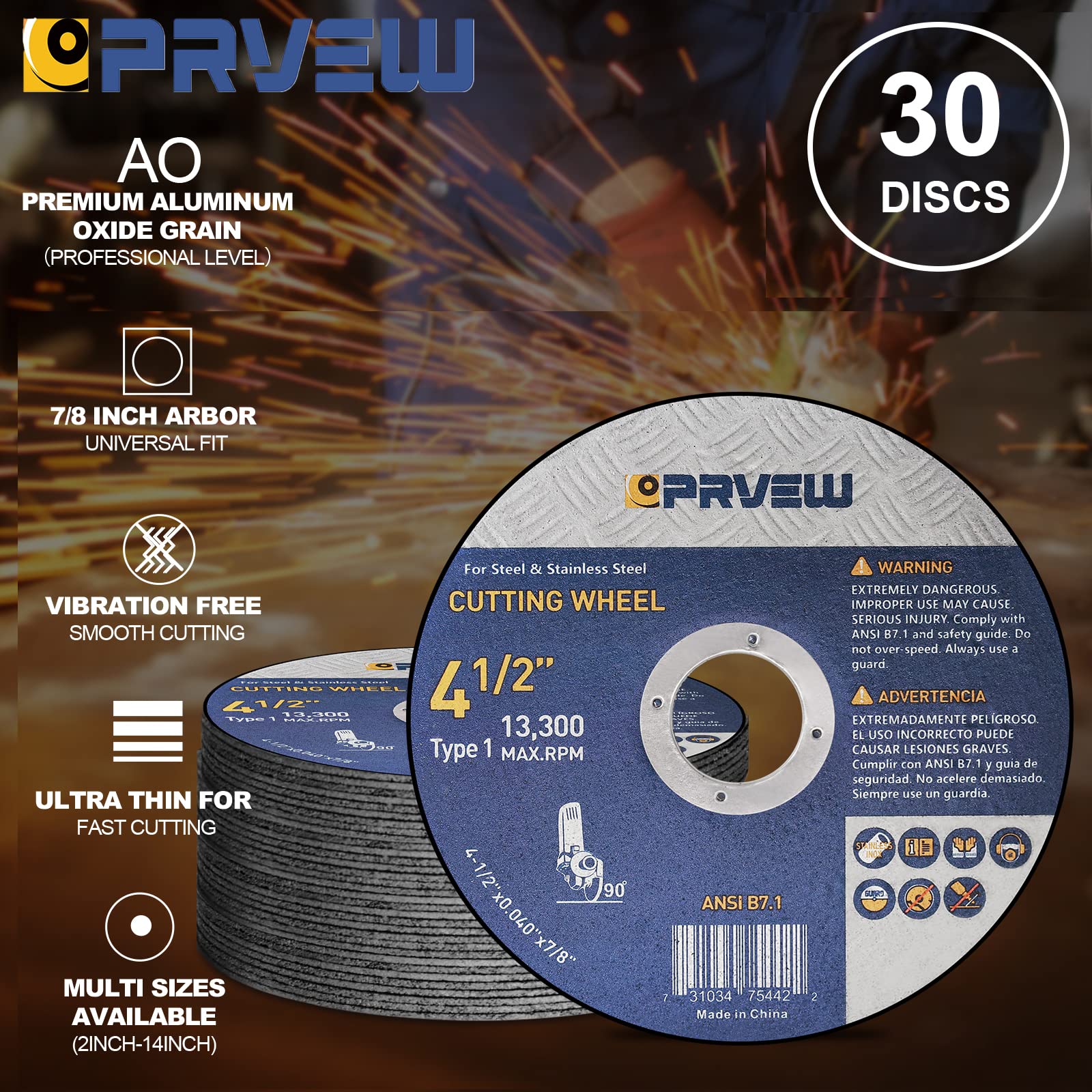 PRVEW 30-Pack Cut Off Wheels 4 1/2 Inch,4.5"x0.04"x7/8" Angle Grinder Cutting Wheel Cutting Disc,4.5 Inch Cut Off Wheel for Metal&Stainless Steel, Grinder Wheels for General Purpose Metal Cutting