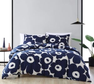 marimekko - queen duvet cover set, cotton bedding with matching shams & botton closure, all season home decor (unikko indigo, queen)