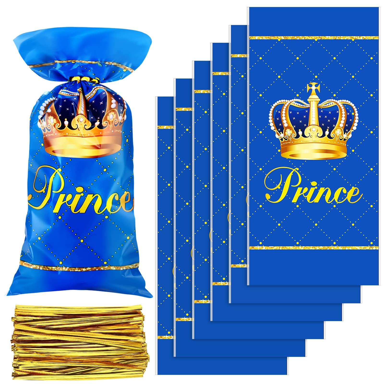 100 Pcs Royal Prince Party Favor Bags Plastic Gift Bags Blue Candy Bags with Ties Treat Bags Goodie Bags with 150 Pcs Gold Twist Ties for Birthday Party Baby Shower Supplies, 5 x 11 Inch