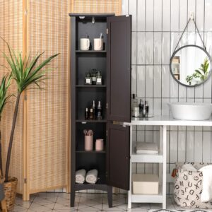 Tangkula Tall Bathroom Storage Cabinet, 5-Tier Wooden Freestanding Tower Cabinet, Narrow Storage Floor Cabinet w/2 Doors & Shelves for Bathroom Living Room Kitchen (Brown)