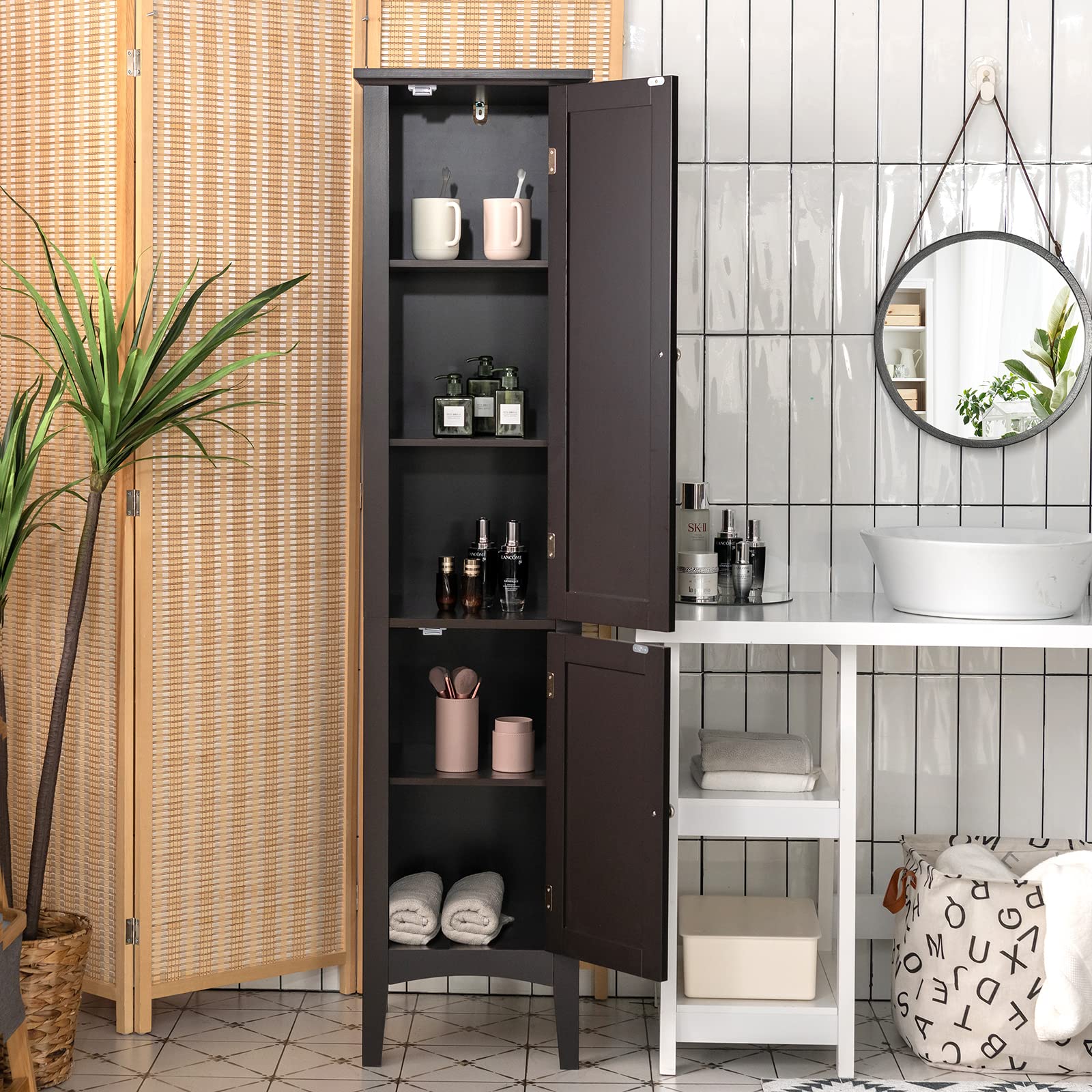 Tangkula Tall Bathroom Storage Cabinet, 5-Tier Wooden Freestanding Tower Cabinet, Narrow Storage Floor Cabinet w/2 Doors & Shelves for Bathroom Living Room Kitchen (Brown)