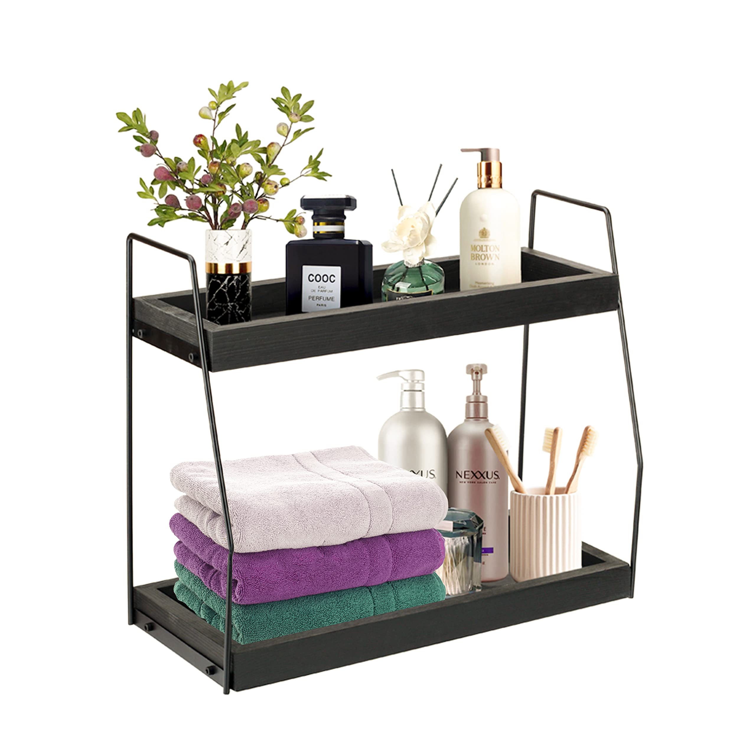 AfooBezos 2 Tier Bathroom Organizer Countertop, Pine Wood Bathroom Sink Tray for Counter Storage Shelf, Vanity Tray for Perfume Lotion Cosmetic Spice Rack for Kitchen Counter (Black)