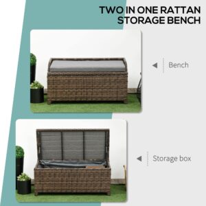 Outsunny Outdoor Wicker Storage Bench Deck Box, PE Rattan Patio Furniture Pool Container Storage Bin with Interior Waterproof Bag and Comfortable Cushion, Gray