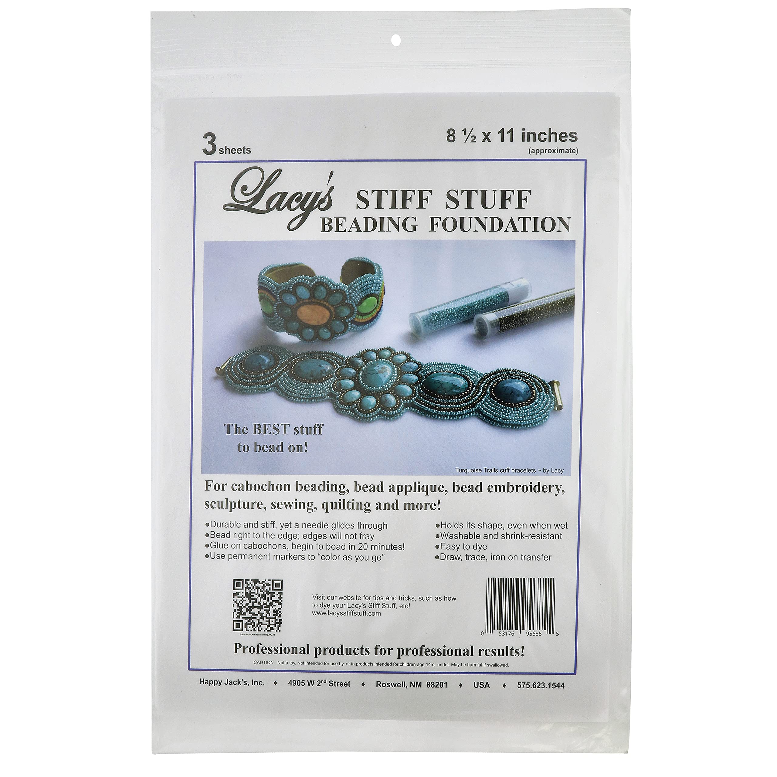 Lacys Stiff Stuff Beading Foundation,White Fabric 3 Sheets Made in The USA & Durable Material Used for Bead Stitch Embroidery, Cabochon and Sewing SS3811,8.5*11 inches