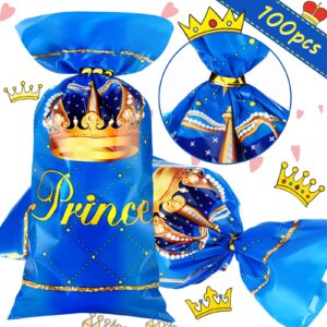 100 Pcs Royal Prince Party Favor Bags Plastic Gift Bags Blue Candy Bags with Ties Treat Bags Goodie Bags with 150 Pcs Gold Twist Ties for Birthday Party Baby Shower Supplies, 5 x 11 Inch