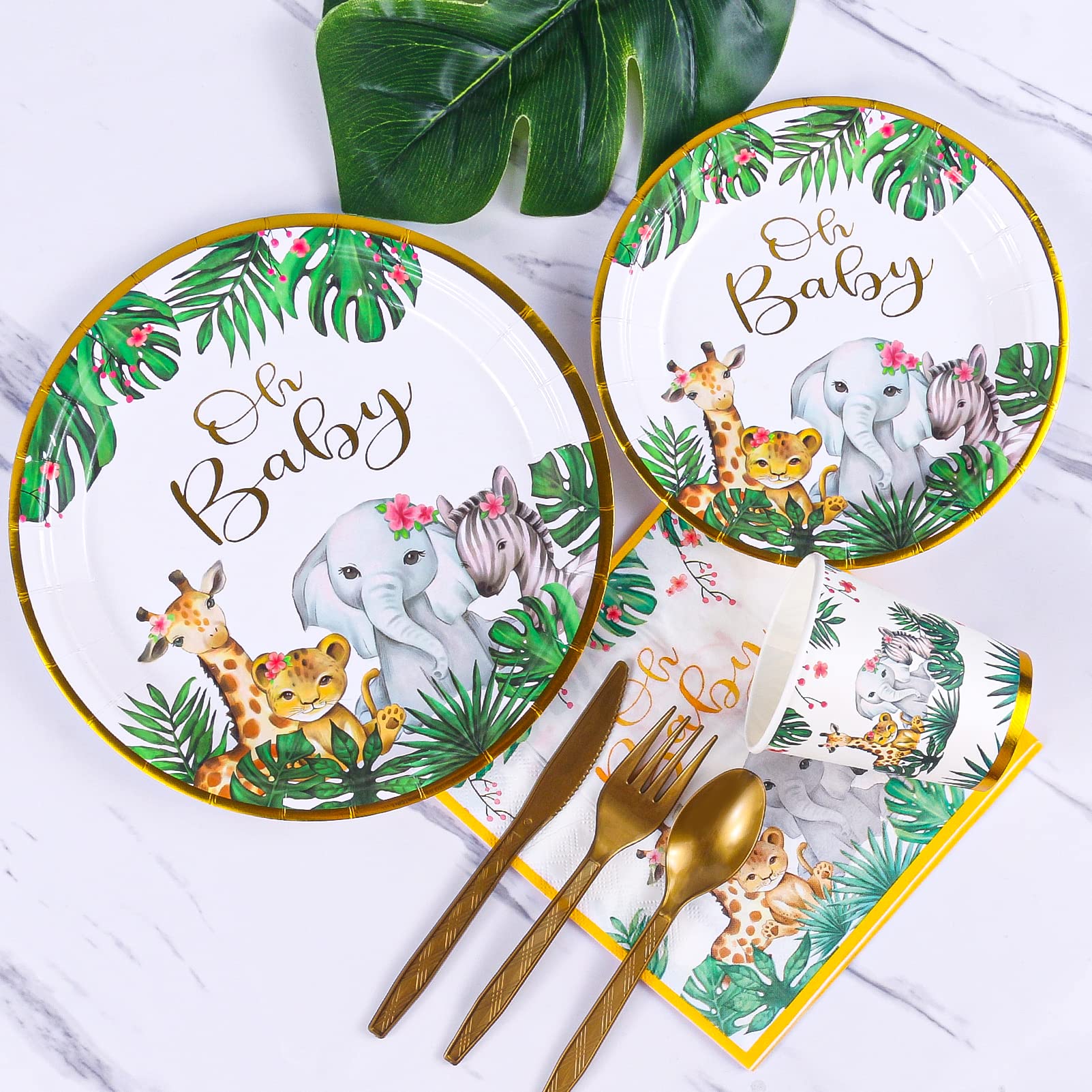 Atonofun Safari Party Supplies, Baby Shower Plates and Napkins Set, Jungle Oh Baby Paper Plates, Cups, Napkins and Cutlery for Safari Birthday Decorations, Baby Shower, Jungle Themed Parties Serves 24