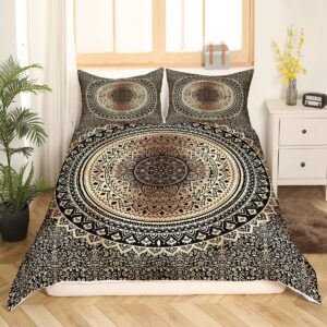 Hippie Mandala Duvet Cover Set,Kids Brown Black Boho Art Bedding Set Queen Size,Aesthetic Comforter Cover for Teen Boys Girls Adult,Trippy Art Quilt Cover with 2 Pillow Cases(No Comforter)