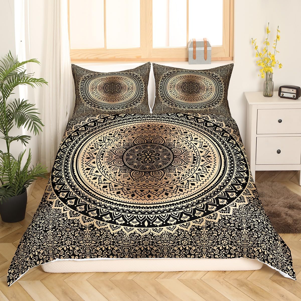 Castle Fairy Mandala Boho Bedding Set,Brown Black Bohemian Duvet Cover for Kid Teen Boys Girls,Psychedelic Comforter Cover Decorative Room,Chic Exotic Quilt Cover with 2 Pillowcases,Full Size