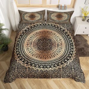 hippie mandala duvet cover set,kids brown black boho art bedding set queen size,aesthetic comforter cover for teen boys girls adult,trippy art quilt cover with 2 pillow cases(no comforter)