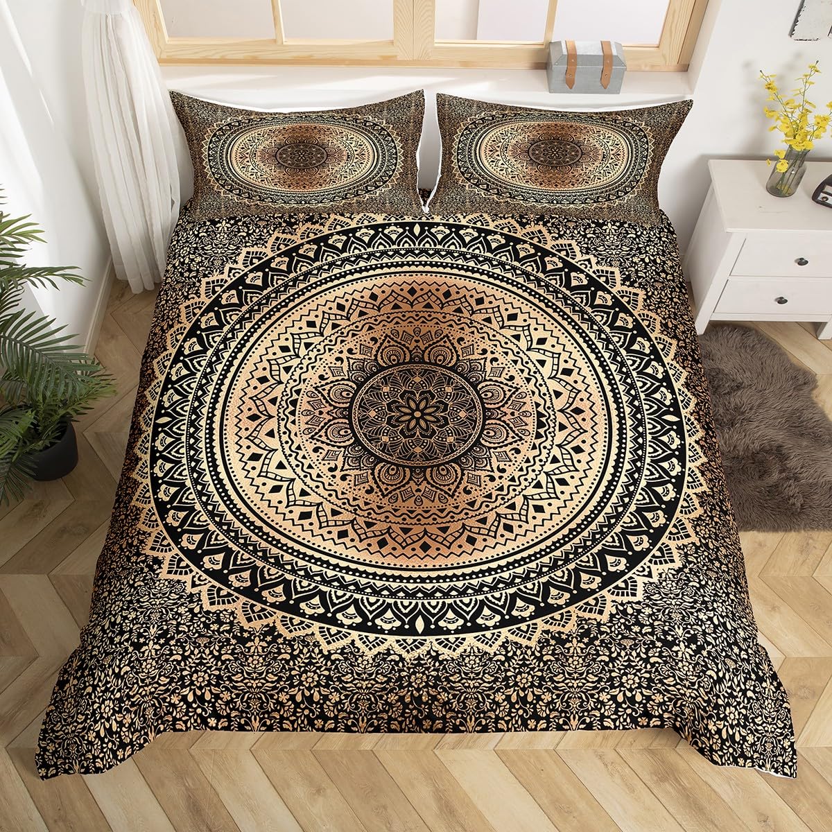 Brown Black Mandala Duvet Cover Set Twin Size,Boho Paisley Bedding Set for Girls Women Room Decor,Flowers Art Boho Comforter Cover,Hippie Mandala Quilt Cover with 1 Pillowcase