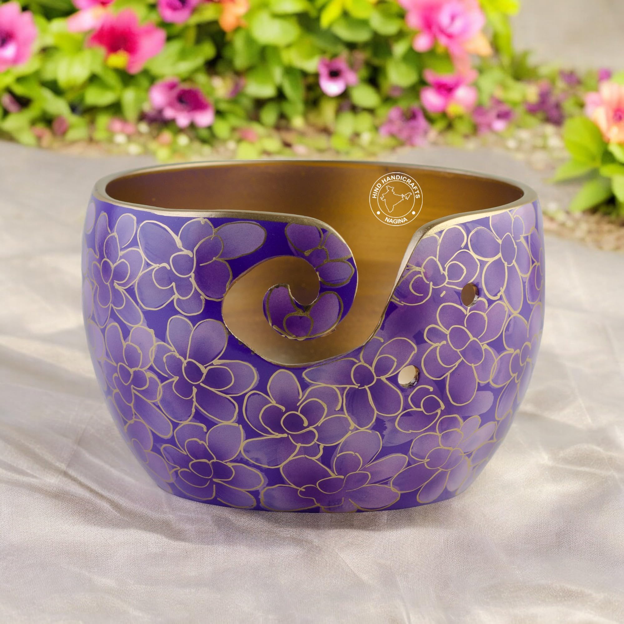 Hind Handicrafts Premium Solid Crafted Floral Metallic Finish Aluminium Portable Yarn Bowl Holder for Knitting Crochet Christmas Gift Set (6" x 6" x 4", Purple)