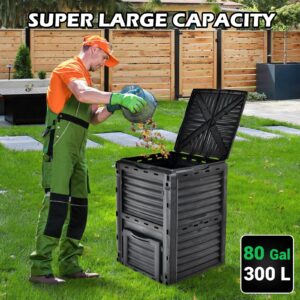 Happygrill Outdoor Compost Bin, Composting Box w/Top Flip Latch-on Lid,80 Gallons Composter for Kitchen Waste & Garden Scraps, Compost Barrel for Fast Creation of Fertile Soil (Black+Green)