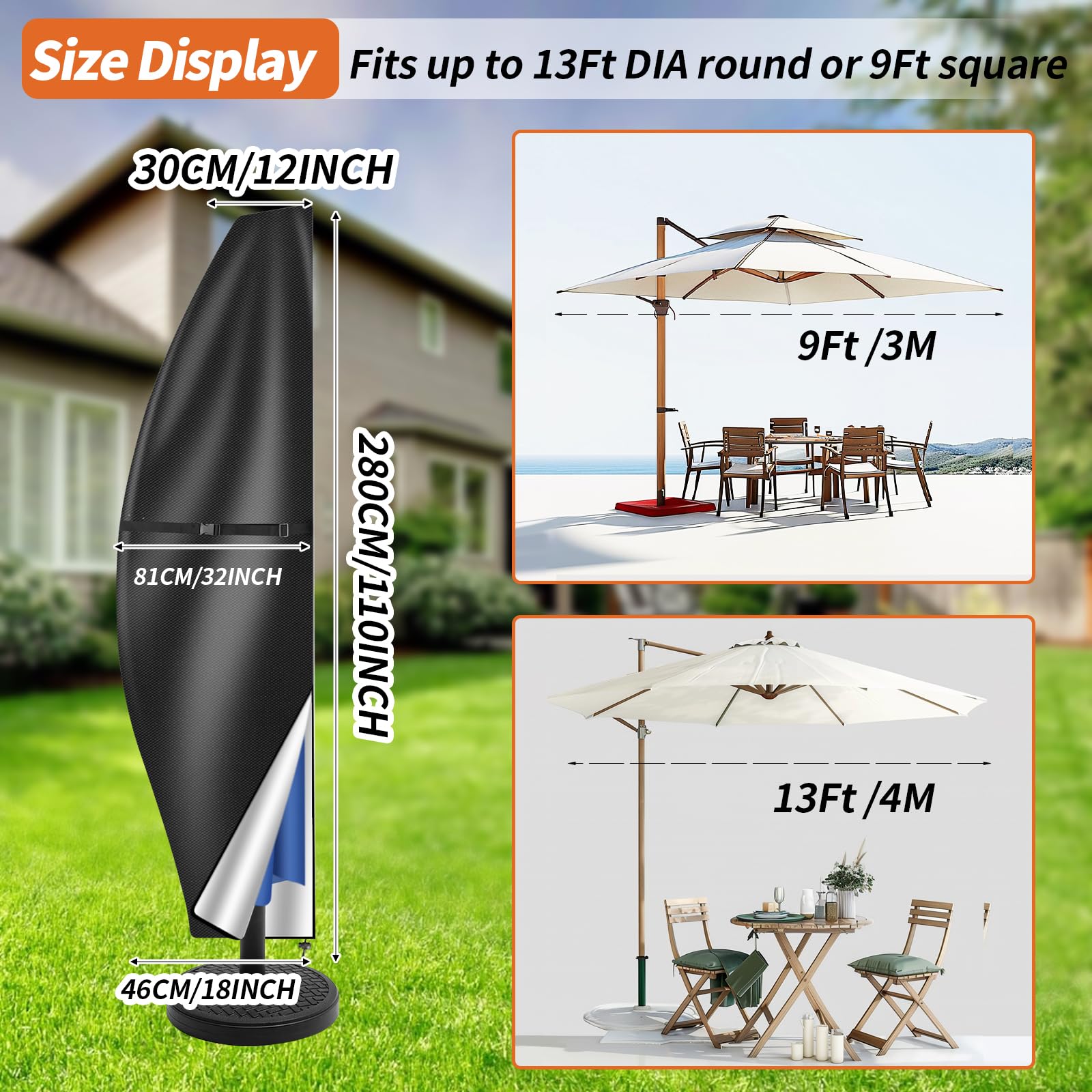 Neween Patio Umbrella Cover Waterproof Outdoor Anti-UV Cantilever Offset Umbrella Cover fit for 9ft to 13ft Parasol, Banana Umbrella Cover with Zipper and Rod, Black, for 9'-13' Offset Umbrella