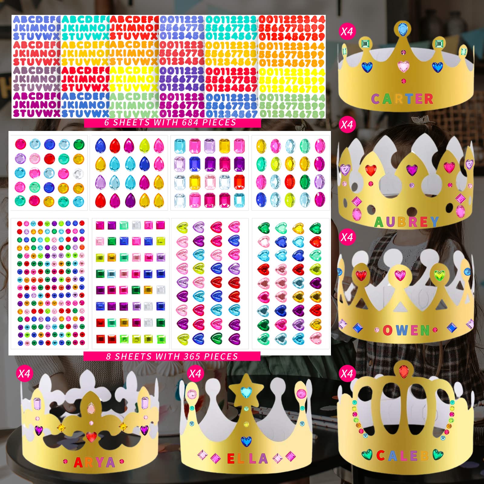 Axeyil 38 Pcs Paper Crowns for Kids Boys Girls Adults Princess Prince King, Classroom Crown, Birthday Party Hats with Gold Gem Jewels Number Letter Stickers, DIY Decorate Decor Favor Supplies