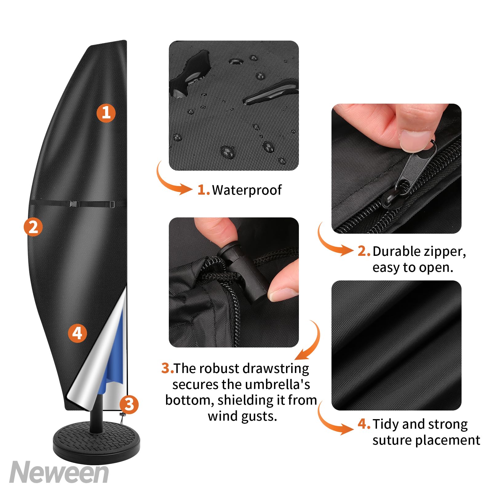 Neween Patio Umbrella Cover Waterproof Outdoor Anti-UV Cantilever Offset Umbrella Cover fit for 9ft to 13ft Parasol, Banana Umbrella Cover with Zipper and Rod, Black, for 9'-13' Offset Umbrella