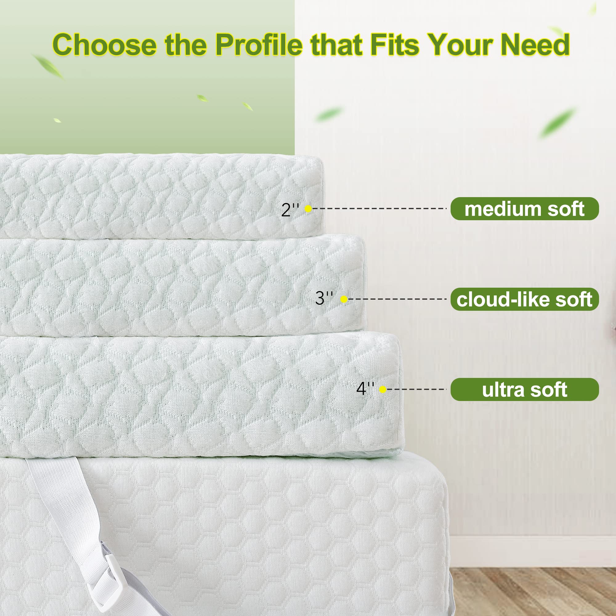 Mattress Topper Twin, Homhougo 2 Inch Green Tea Memory Foam Mattress Topper with Zippered Bamboo Cover, Cloud-Like Soft, White