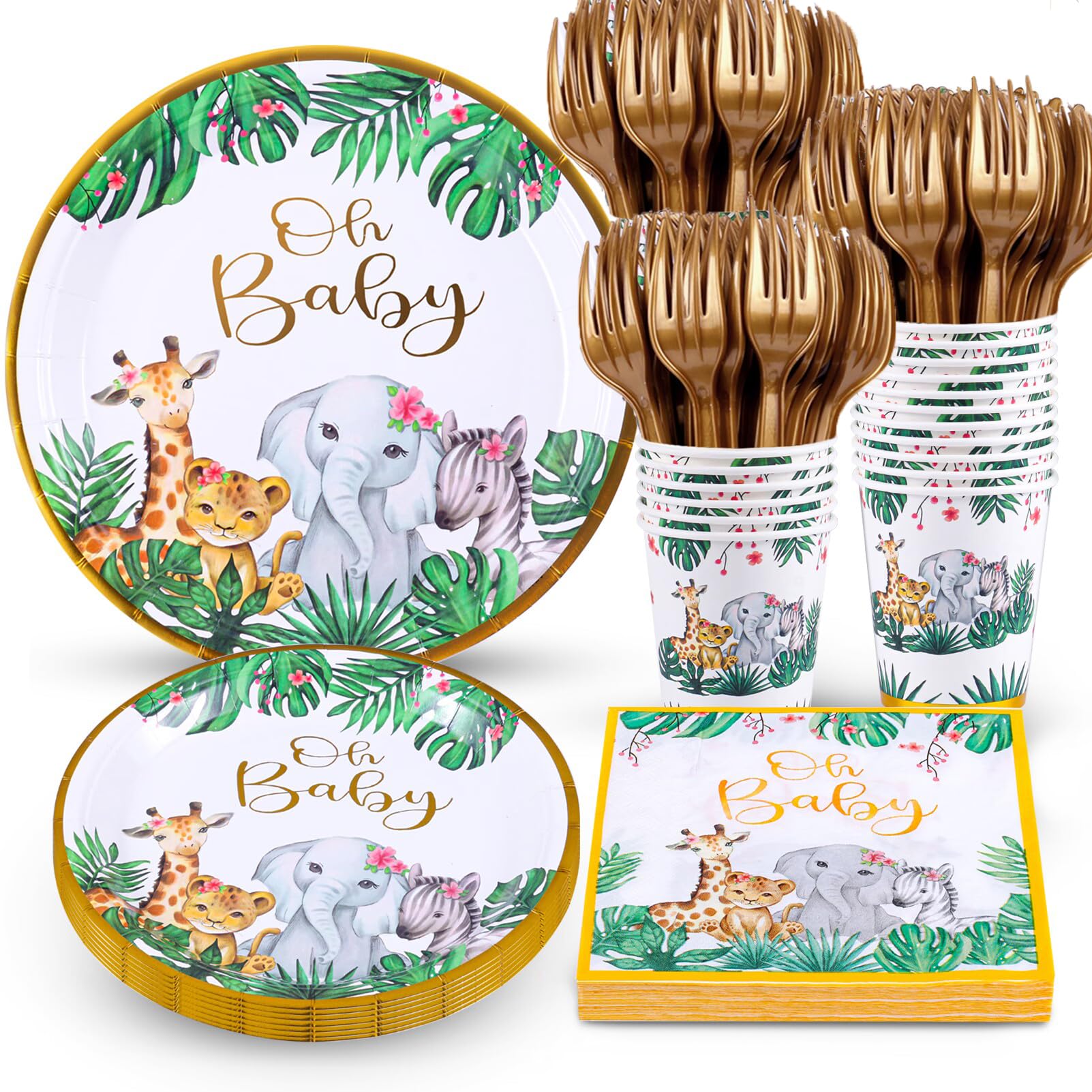 Atonofun Safari Party Supplies, Baby Shower Plates and Napkins Set, Jungle Oh Baby Paper Plates, Cups, Napkins and Cutlery for Safari Birthday Decorations, Baby Shower, Jungle Themed Parties Serves 24