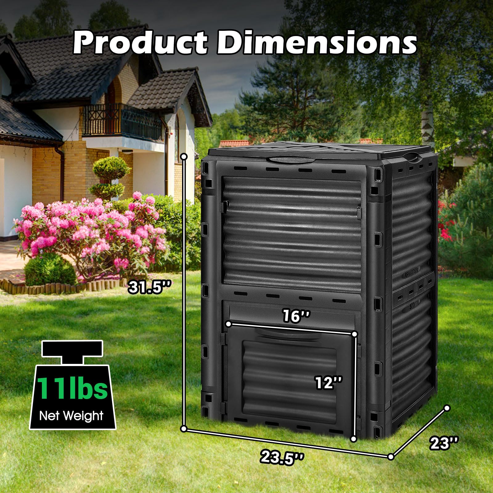 Happygrill Outdoor Compost Bin, Composting Box w/Top Flip Latch-on Lid,80 Gallons Composter for Kitchen Waste & Garden Scraps, Compost Barrel for Fast Creation of Fertile Soil (Black+Green)