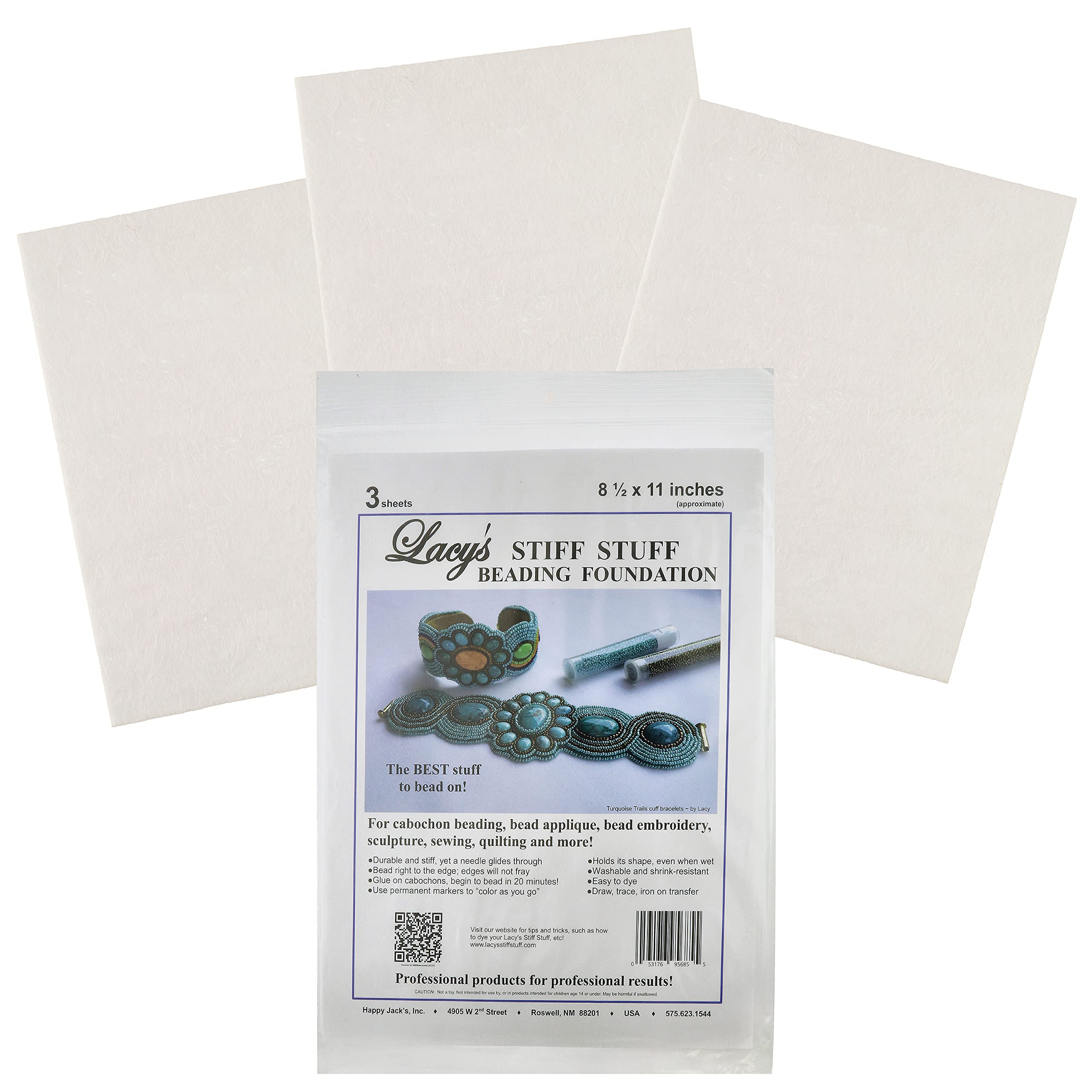 Lacys Stiff Stuff Beading Foundation,White Fabric 3 Sheets Made in The USA & Durable Material Used for Bead Stitch Embroidery, Cabochon and Sewing SS3811,8.5*11 inches